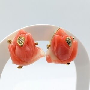 Gorgeous Coral Flower With Sparkling Crystals Vintage Earrings